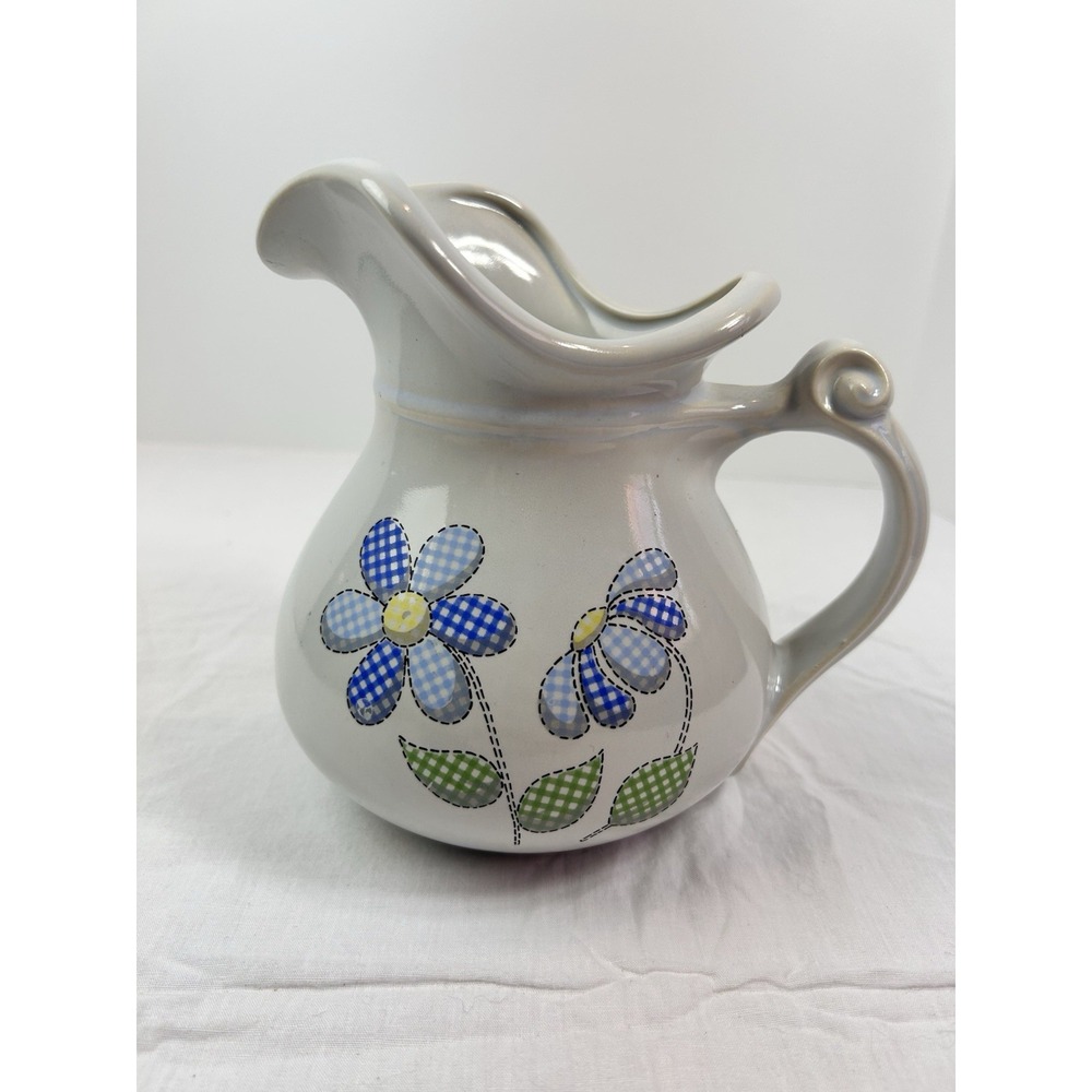 Vintage MCCOY Pottery whimsical blue white checked gingham floral small pitcher
